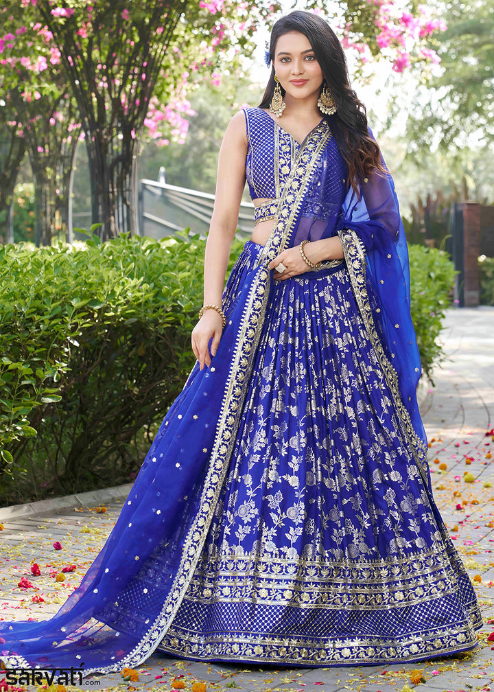 Royal Blue Jacquard Dola Silk Lehenga Choli with Floral Zari, Sequin &amp; Ornate Border Detailing