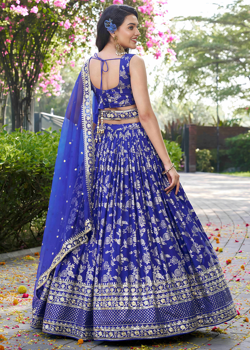 Royal Blue Jacquard Dola Silk Lehenga Choli with Floral Zari, Sequin & Ornate Border Detailing