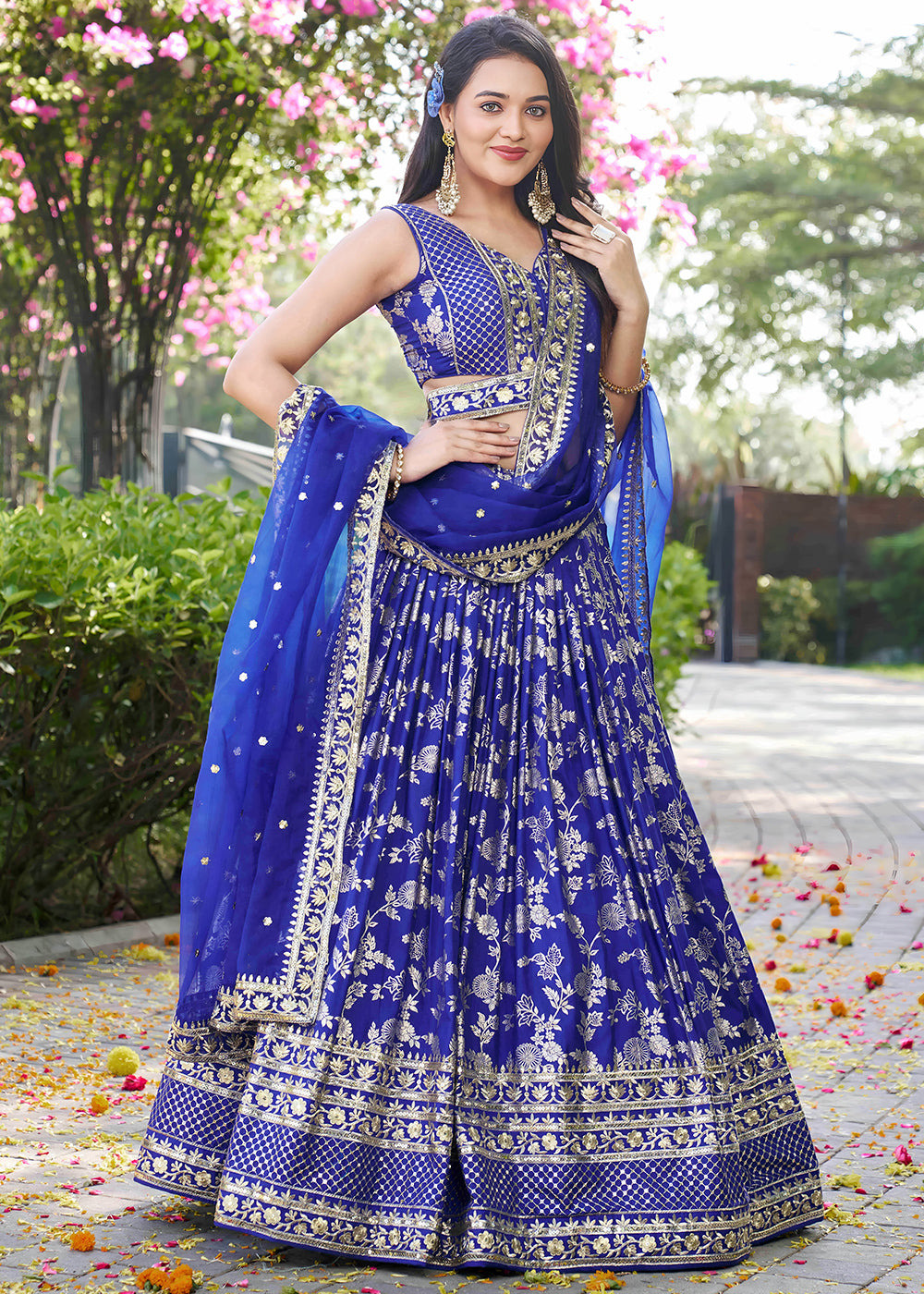 Royal Blue Jacquard Dola Silk Lehenga Choli with Floral Zari, Sequin &amp; Ornate Border Detailing
