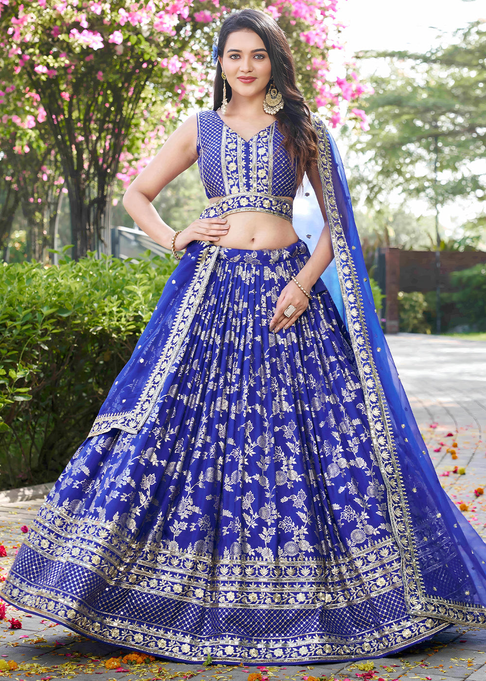 Royal Blue Jacquard Dola Silk Lehenga Choli with Floral Zari, Sequin &amp; Ornate Border Detailing