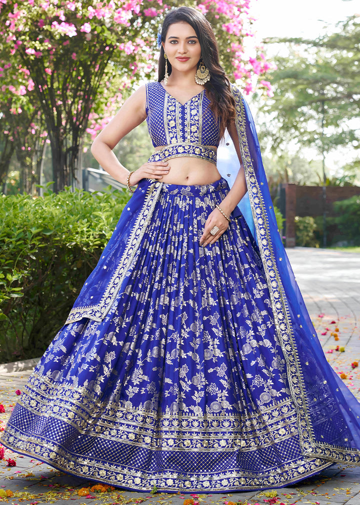 Royal Blue Jacquard Dola Silk Lehenga Choli with Floral Zari, Sequin &amp; Ornate Border Detailing