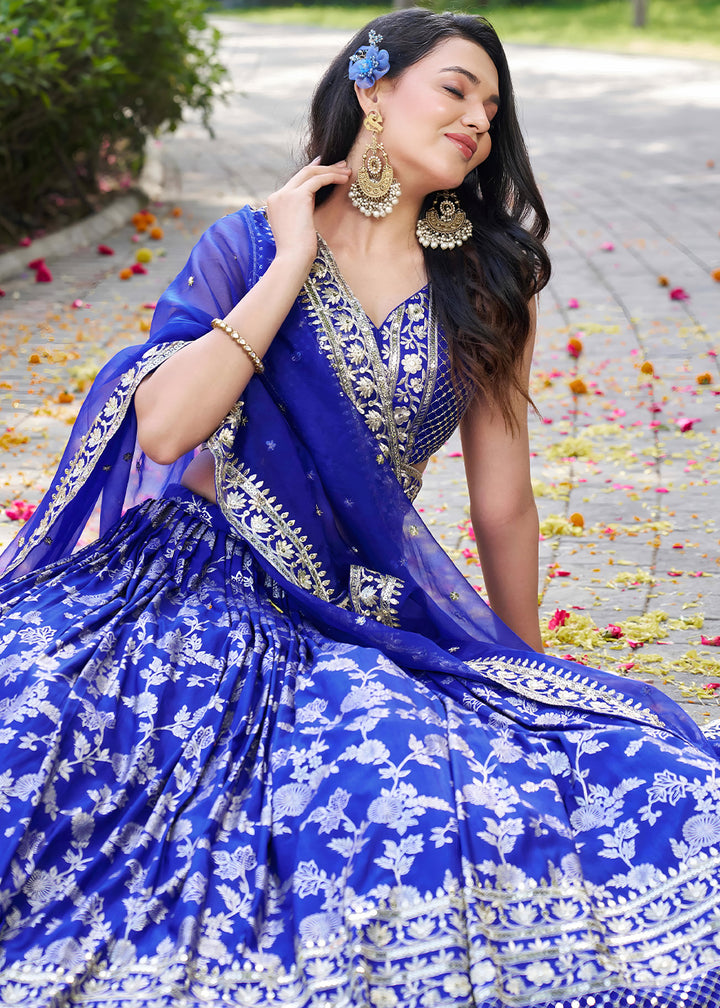 Royal Blue Jacquard Dola Silk Lehenga Choli with Floral Zari, Sequin &amp; Ornate Border Detailing