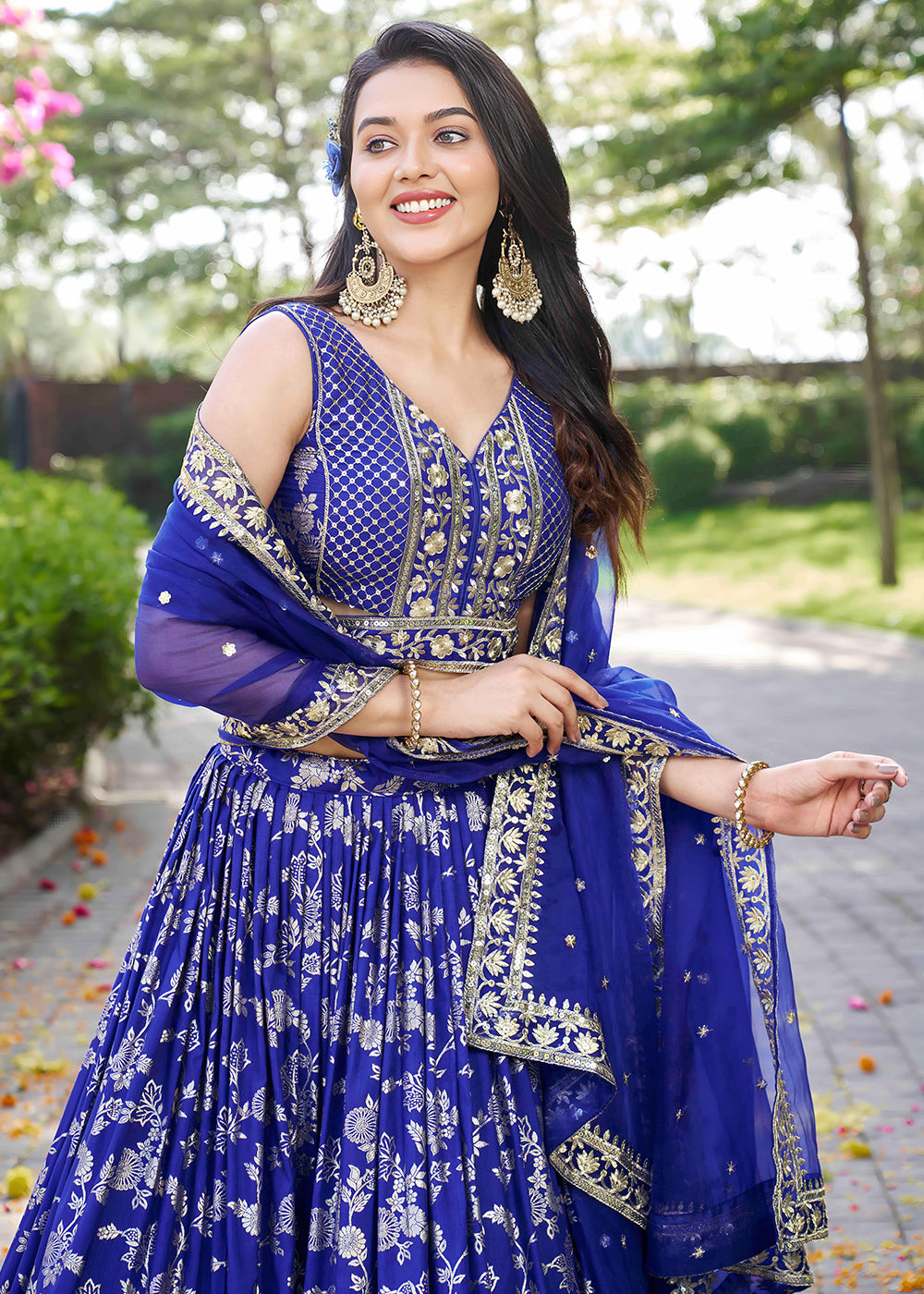 Royal Blue Jacquard Dola Silk Lehenga Choli with Floral Zari, Sequin &amp; Ornate Border Detailing