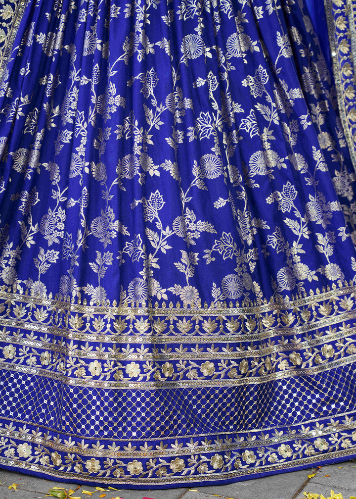 Royal Blue Jacquard Dola Silk Lehenga Choli with Floral Zari, Sequin &amp; Ornate Border Detailing