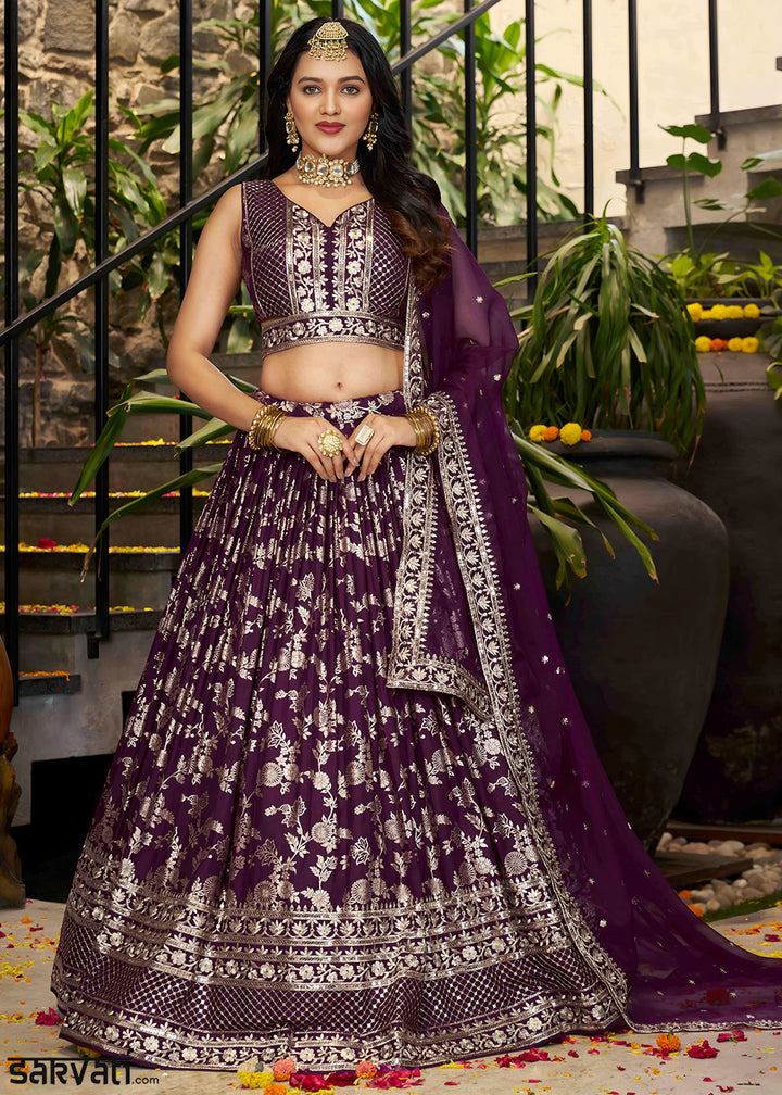 Wine Purple Jacquard Dola Silk Lehenga Choli with Rich Zari Embroidery