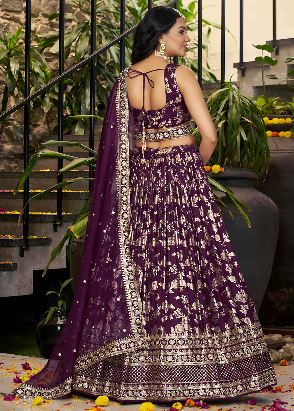 Wine Purple Jacquard Dola Silk Lehenga Choli with Rich Zari Embroidery