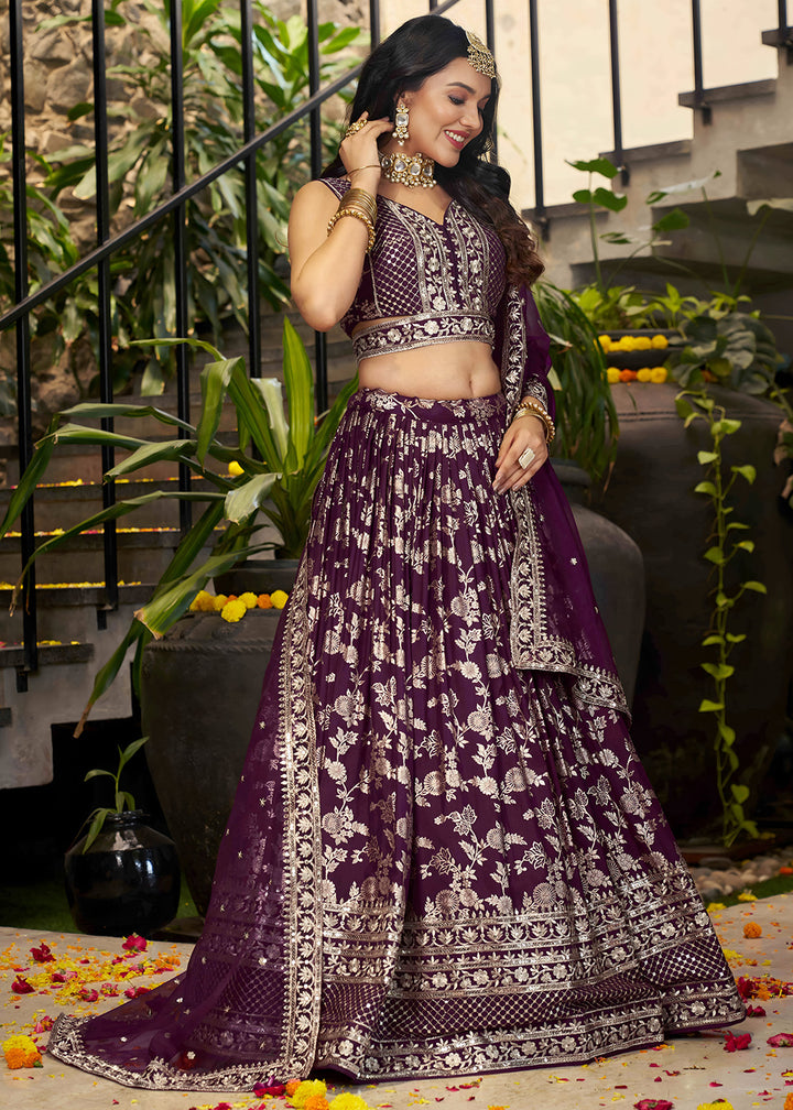 Wine Purple Jacquard Dola Silk Lehenga Choli with Rich Zari Embroidery