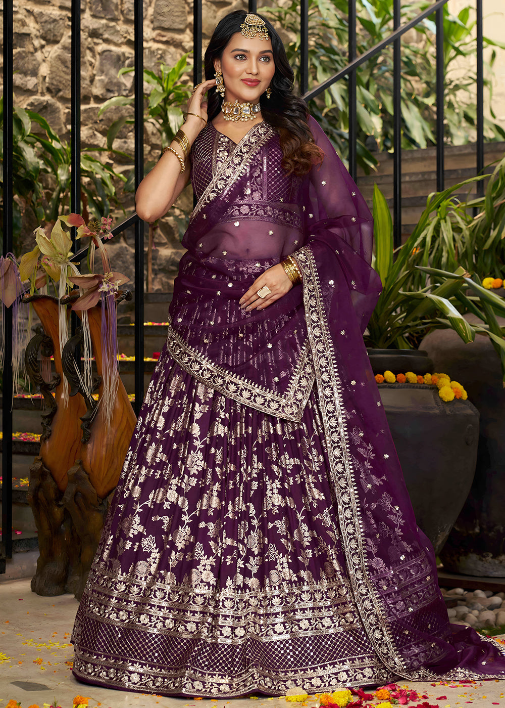 Wine Purple Jacquard Dola Silk Lehenga Choli with Rich Zari Embroidery