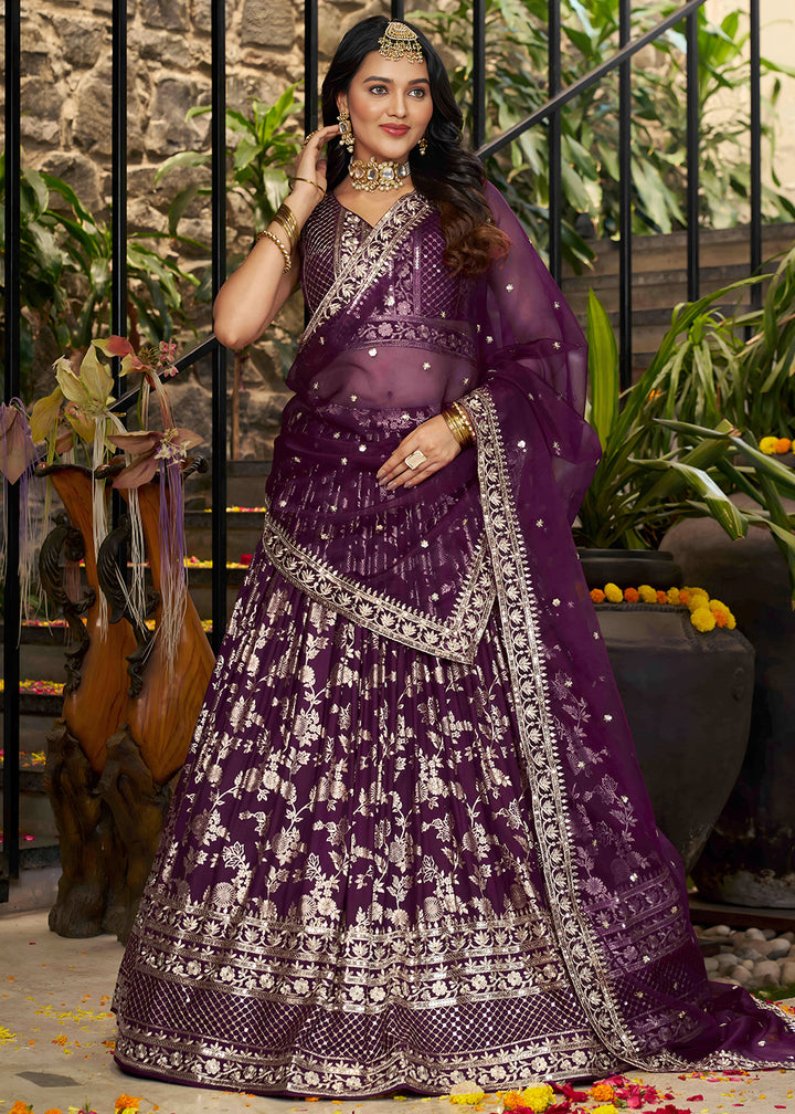 Wine Purple Jacquard Dola Silk Lehenga Choli with Rich Zari Embroidery