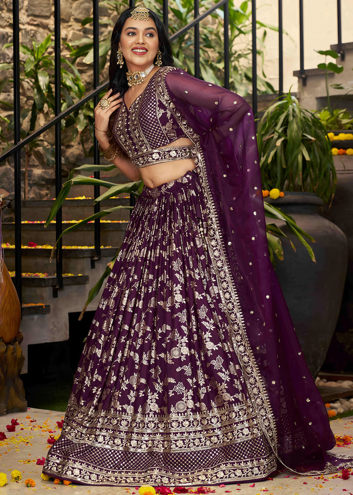 Wine Purple Jacquard Dola Silk Lehenga Choli with Rich Zari Embroidery