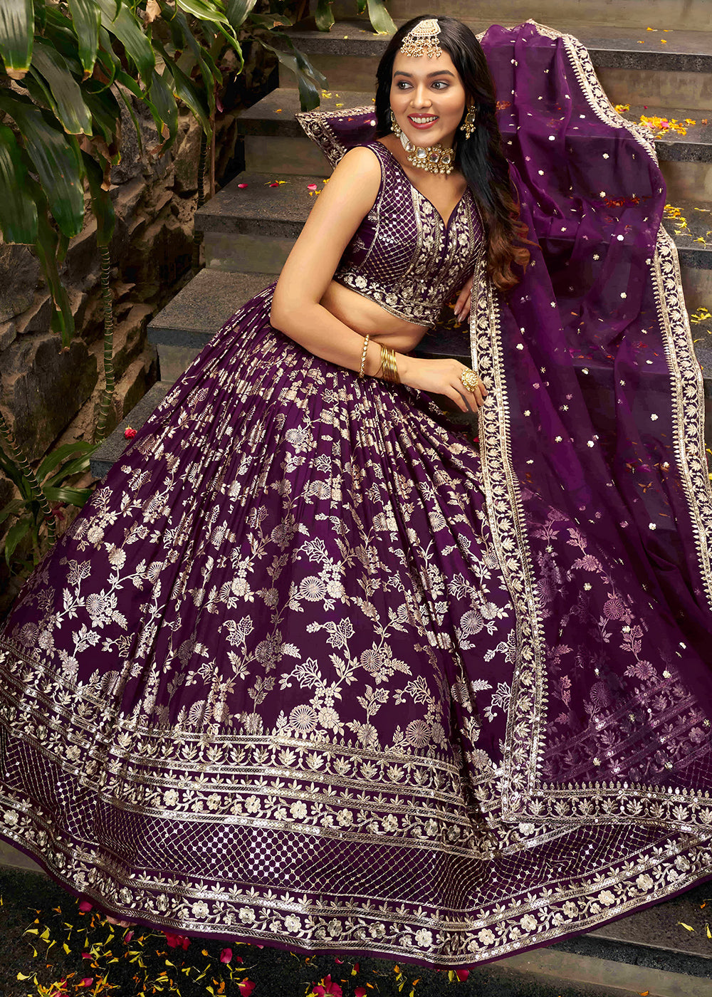 Wine Purple Jacquard Dola Silk Lehenga Choli with Rich Zari Embroidery