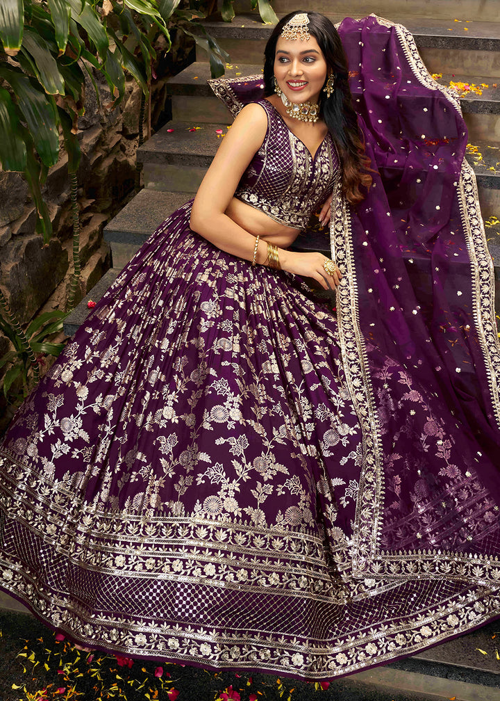 Wine Purple Jacquard Dola Silk Lehenga Choli with Rich Zari Embroidery