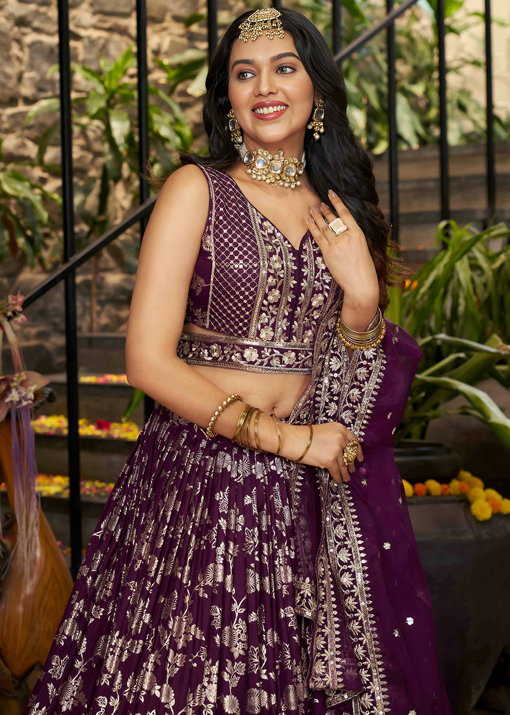 Wine Purple Jacquard Dola Silk Lehenga Choli with Rich Zari Embroidery
