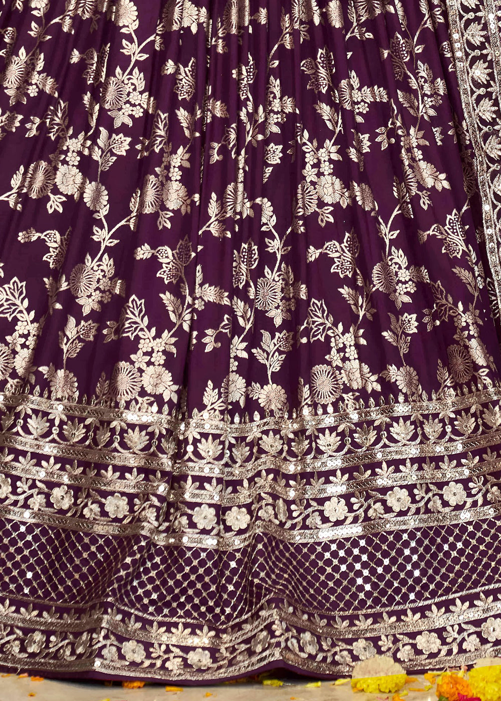 Wine Purple Jacquard Dola Silk Lehenga Choli with Rich Zari Embroidery
