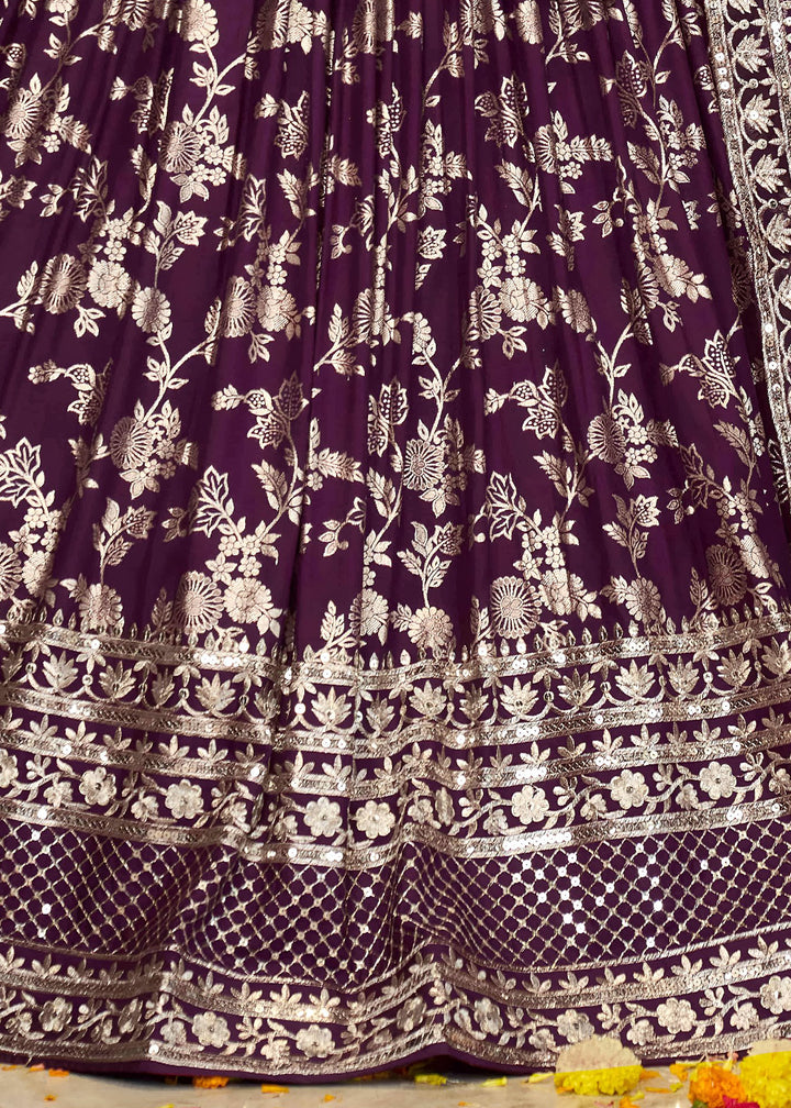 Wine Purple Jacquard Dola Silk Lehenga Choli with Rich Zari Embroidery