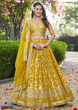 Mustard Yellow Jacquard Dola Silk Lehenga Choli with Floral Zari, Sequin & Ornate Border Detailing