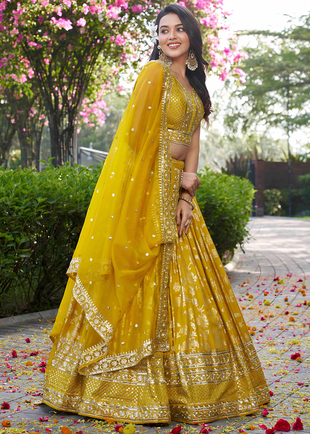 Mustard Yellow Jacquard Dola Silk Lehenga Choli with Floral Zari, Sequin &amp; Ornate Border Detailing