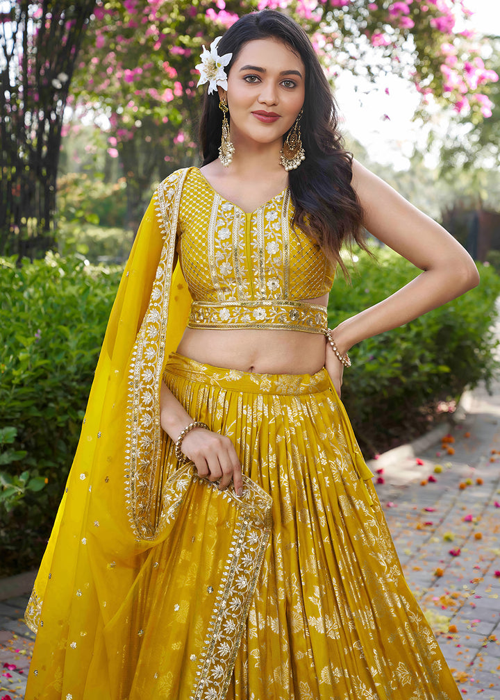 Mustard Yellow Jacquard Dola Silk Lehenga Choli with Floral Zari, Sequin &amp; Ornate Border Detailing