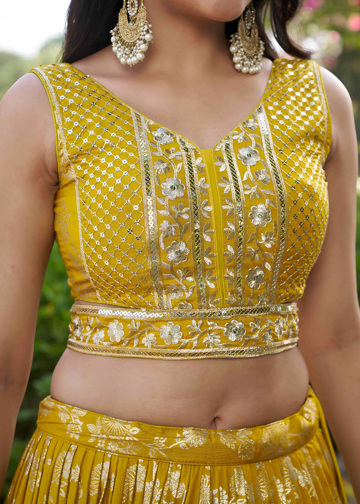 Mustard Yellow Jacquard Dola Silk Lehenga Choli with Floral Zari, Sequin &amp; Ornate Border Detailing