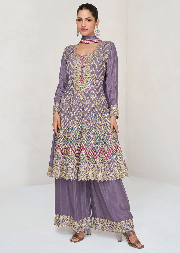 Amethyst Purple Ethnic Palazzo Suit with Intricate Chinon Silk Embroidery