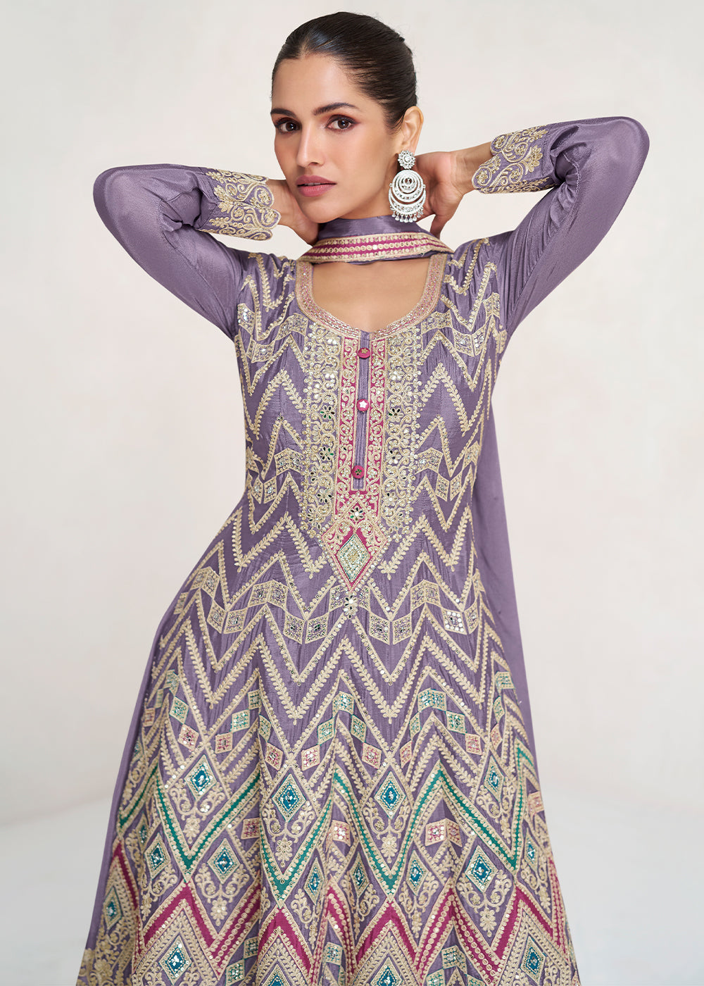 Amethyst Purple Ethnic Palazzo Suit with Intricate Chinon Silk Embroidery