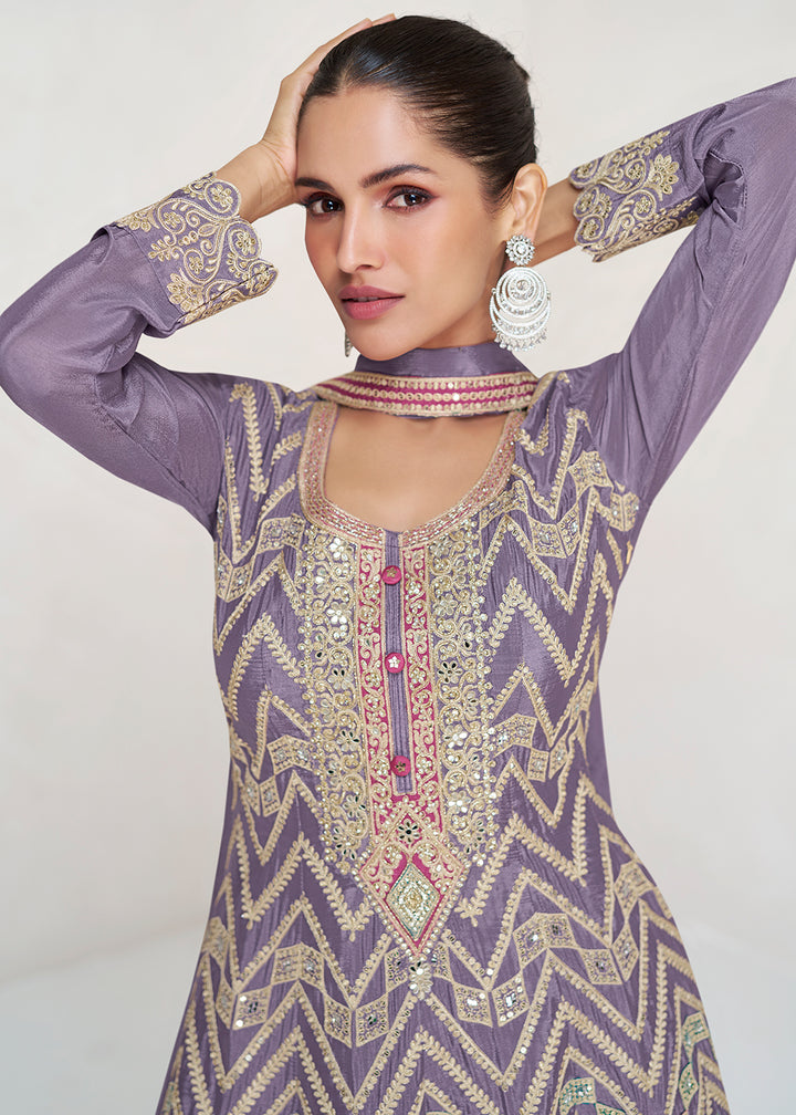 Amethyst Purple Ethnic Palazzo Suit with Intricate Chinon Silk Embroidery