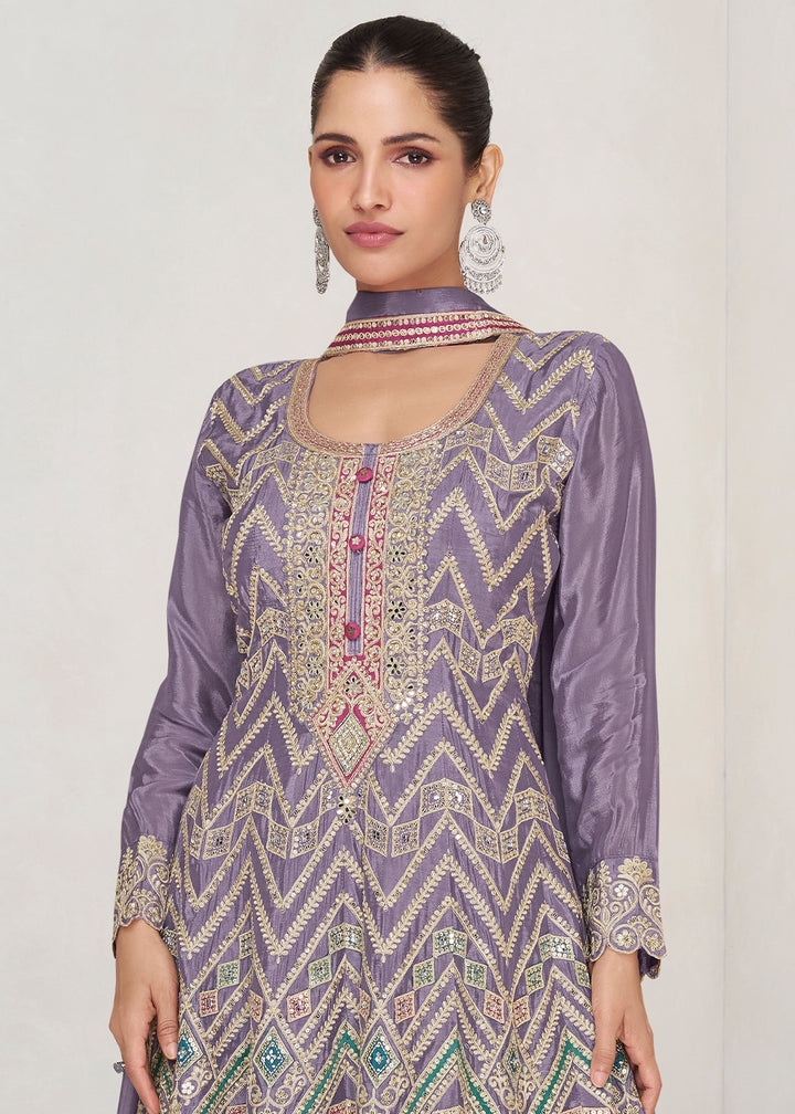 Amethyst Purple Ethnic Palazzo Suit with Intricate Chinon Silk Embroidery