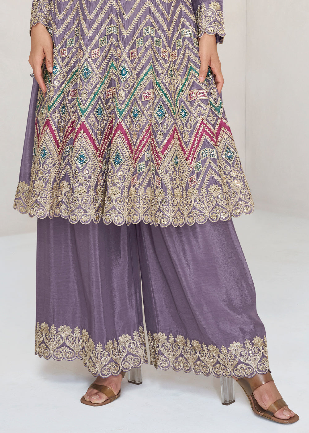 Amethyst Purple Ethnic Palazzo Suit with Intricate Chinon Silk Embroidery