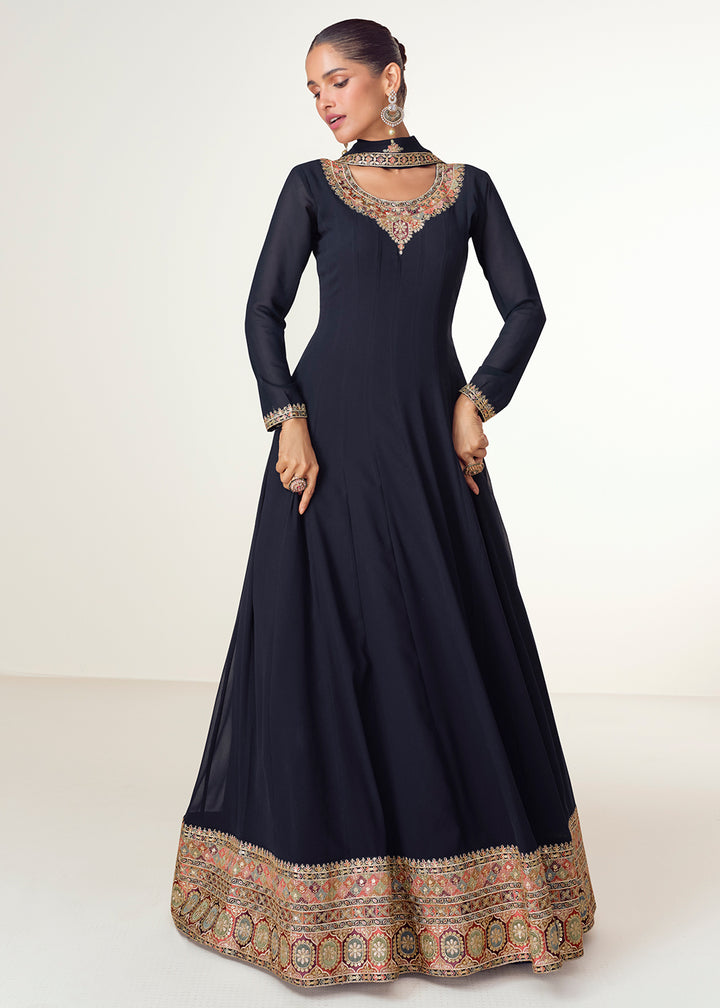 Space Blue Anarkali Dress in Georgette with Exquisite Embroidery