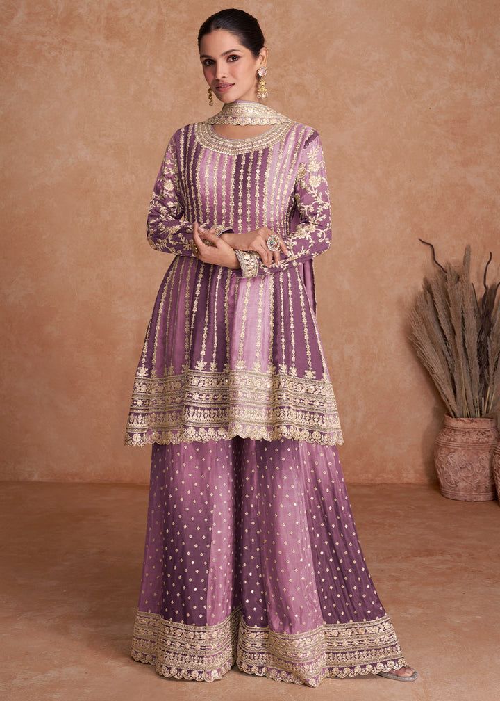 Shades Of Purple Embroidered Palazzo Suit in Premium Chinon Silk Fabric