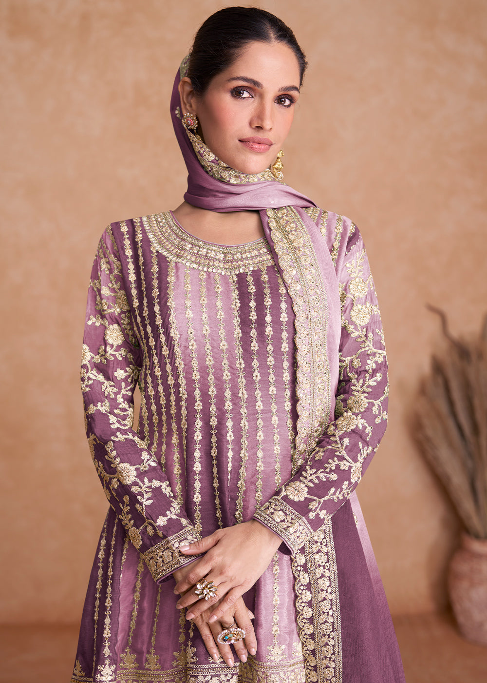 Shades Of Purple Embroidered Palazzo Suit in Premium Chinon Silk Fabric