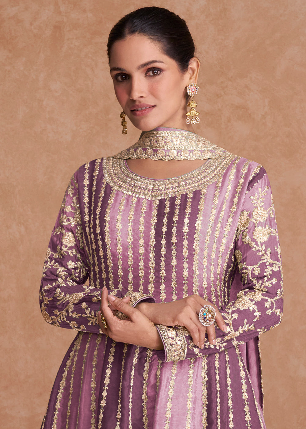 Shades Of Purple Embroidered Palazzo Suit in Premium Chinon Silk Fabric