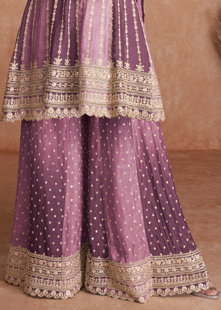 Shades Of Purple Embroidered Palazzo Suit in Premium Chinon Silk Fabric