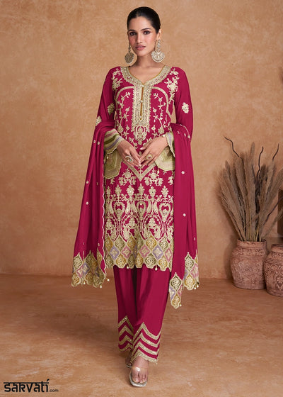 Cerise Pink Palazzo Suit In Chinon Silk Featuring Detailed Embroidery