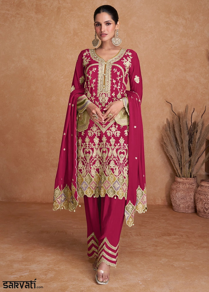 Cerise Pink Palazzo Suit In Chinon Silk Featuring Detailed Embroidery