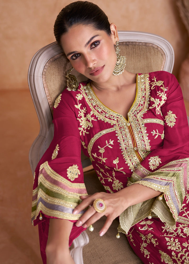 Cerise Pink Palazzo Suit In Chinon Silk Featuring Detailed Embroidery