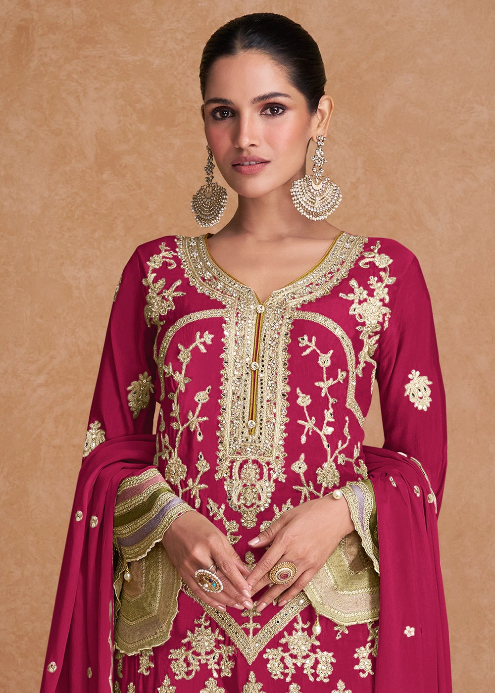 Cerise Pink Palazzo Suit In Chinon Silk Featuring Detailed Embroidery