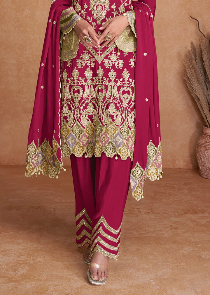Cerise Pink Palazzo Suit In Chinon Silk Featuring Detailed Embroidery