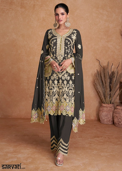 Charcoal Black Palazzo Suit In Chinon Silk Featuring Detailed Embroidery
