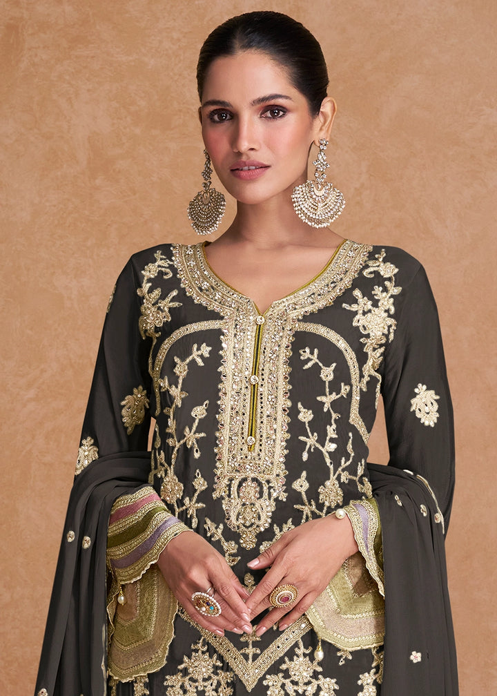 Charcoal Black Palazzo Suit In Chinon Silk Featuring Detailed Embroidery