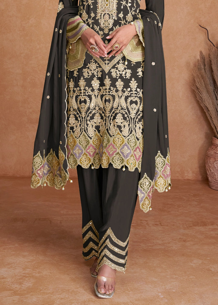 Charcoal Black Palazzo Suit In Chinon Silk Featuring Detailed Embroidery