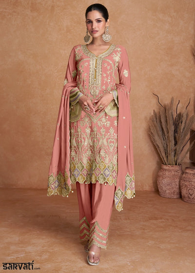 Peachy Pink Palazzo Suit In Chinon Silk Featuring Detailed Embroidery