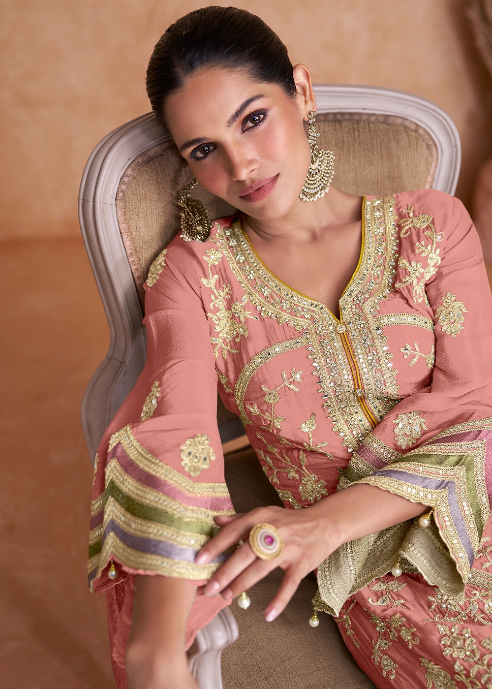 Peachy Pink Palazzo Suit In Chinon Silk Featuring Detailed Embroidery