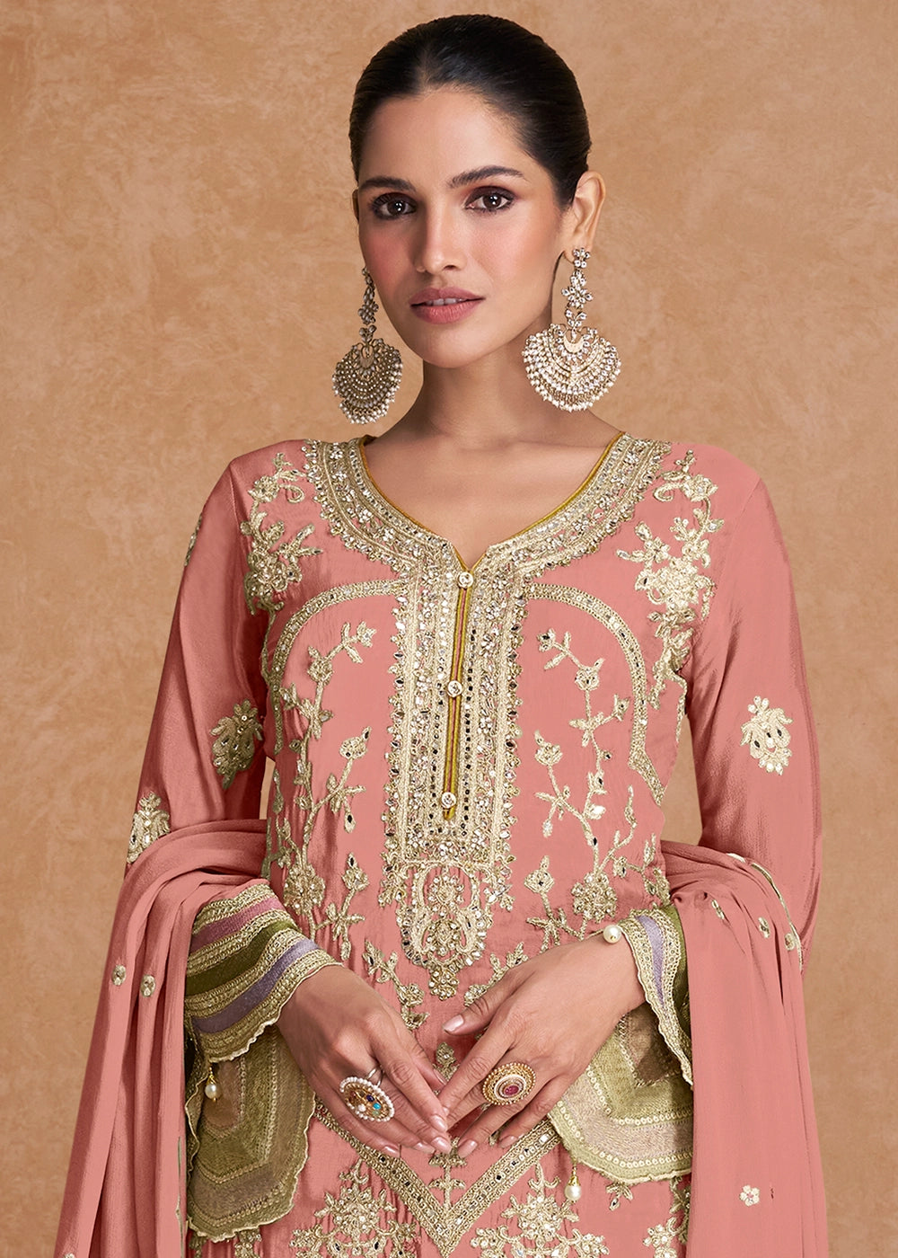 Peachy Pink Palazzo Suit In Chinon Silk Featuring Detailed Embroidery