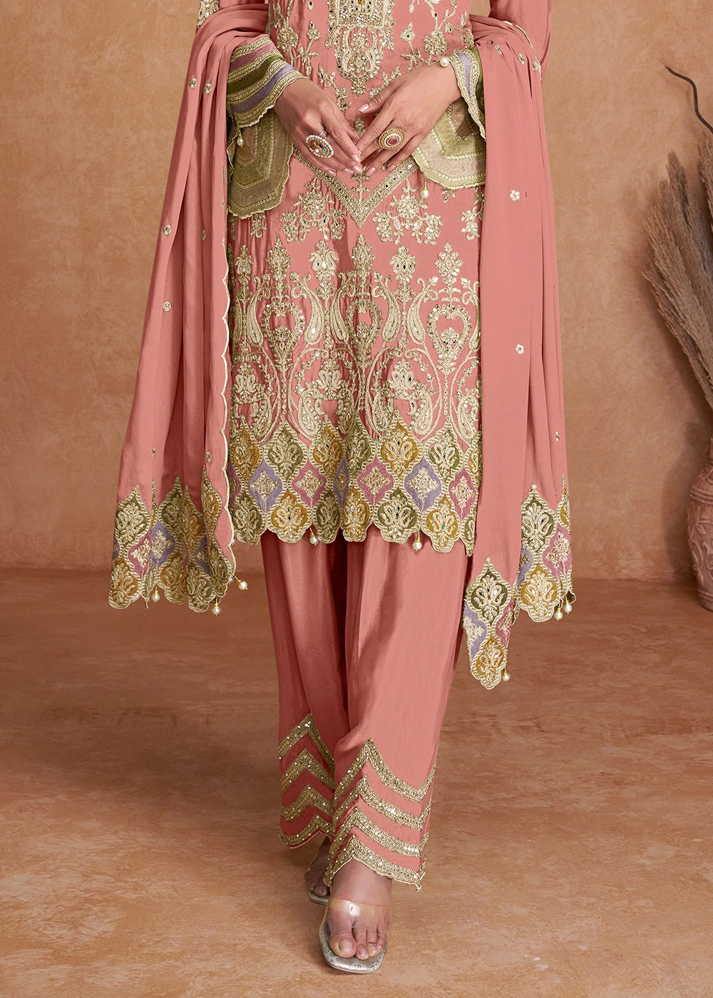 Peachy Pink Palazzo Suit In Chinon Silk Featuring Detailed Embroidery