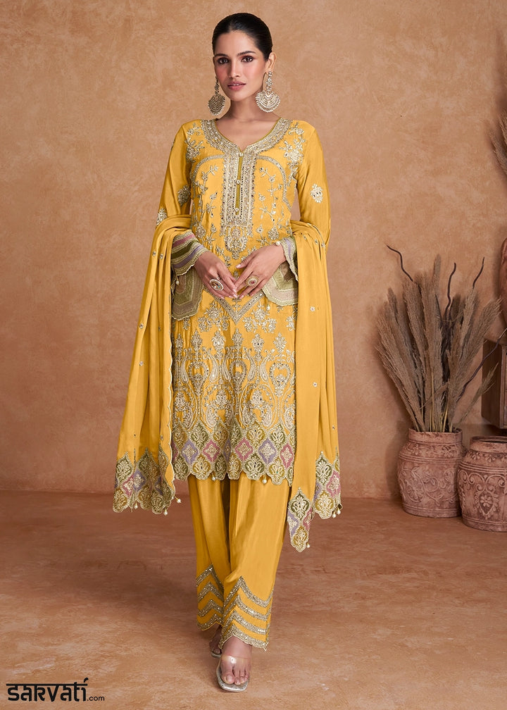 Royal Yellow Palazzo Suit In Chinon Silk Featuring Detailed Embroidery
