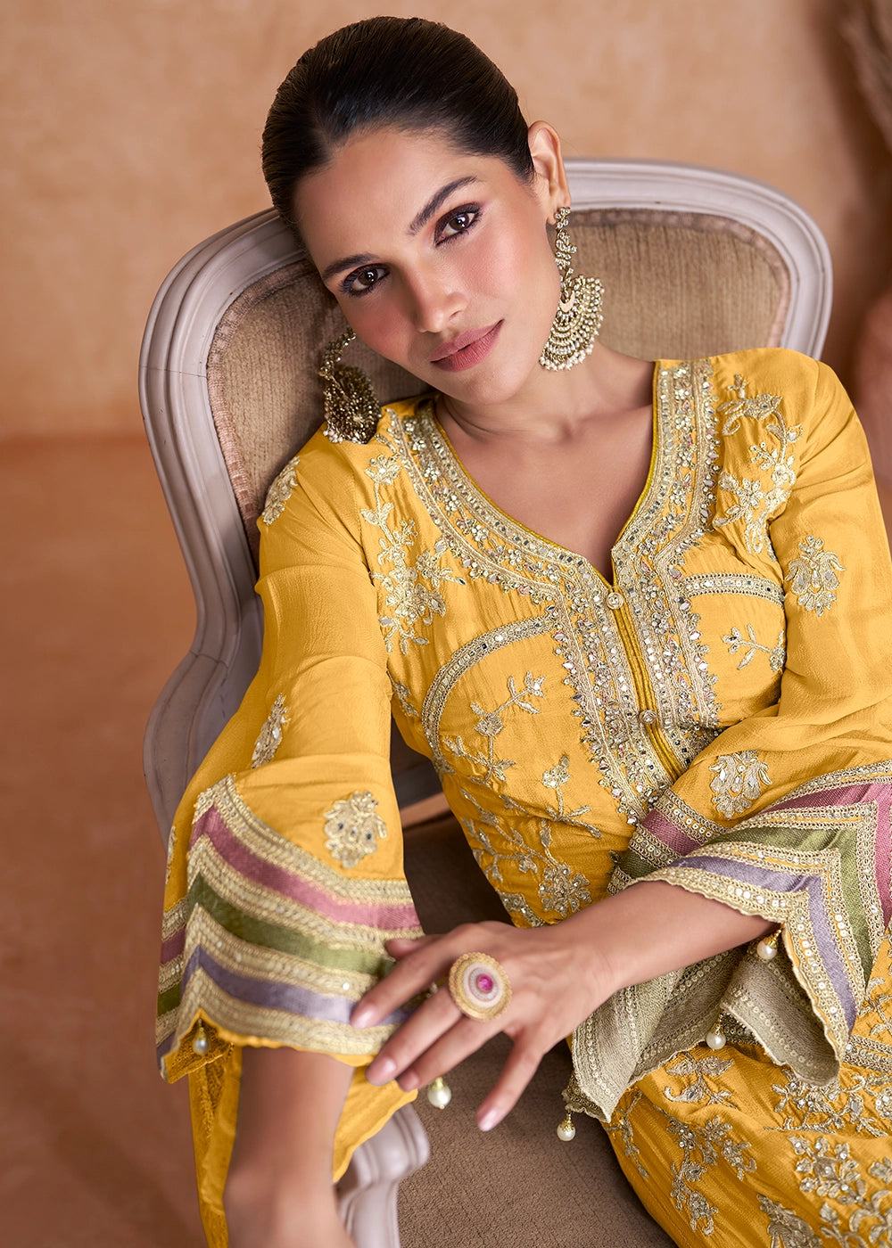 Royal Yellow Palazzo Suit In Chinon Silk Featuring Detailed Embroidery