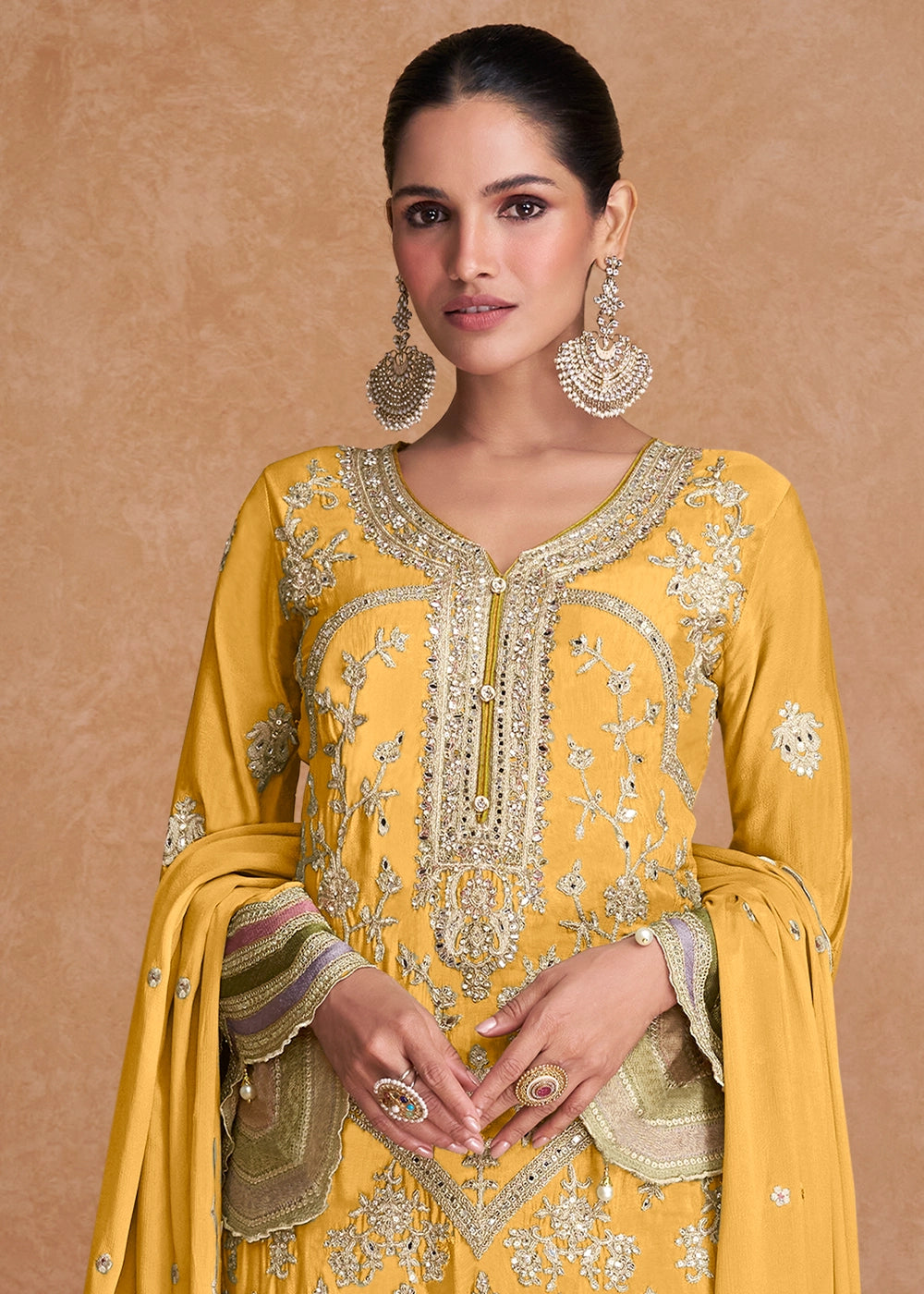 Royal Yellow Palazzo Suit In Chinon Silk Featuring Detailed Embroidery