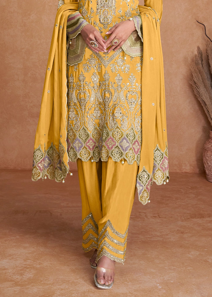 Royal Yellow Palazzo Suit In Chinon Silk Featuring Detailed Embroidery