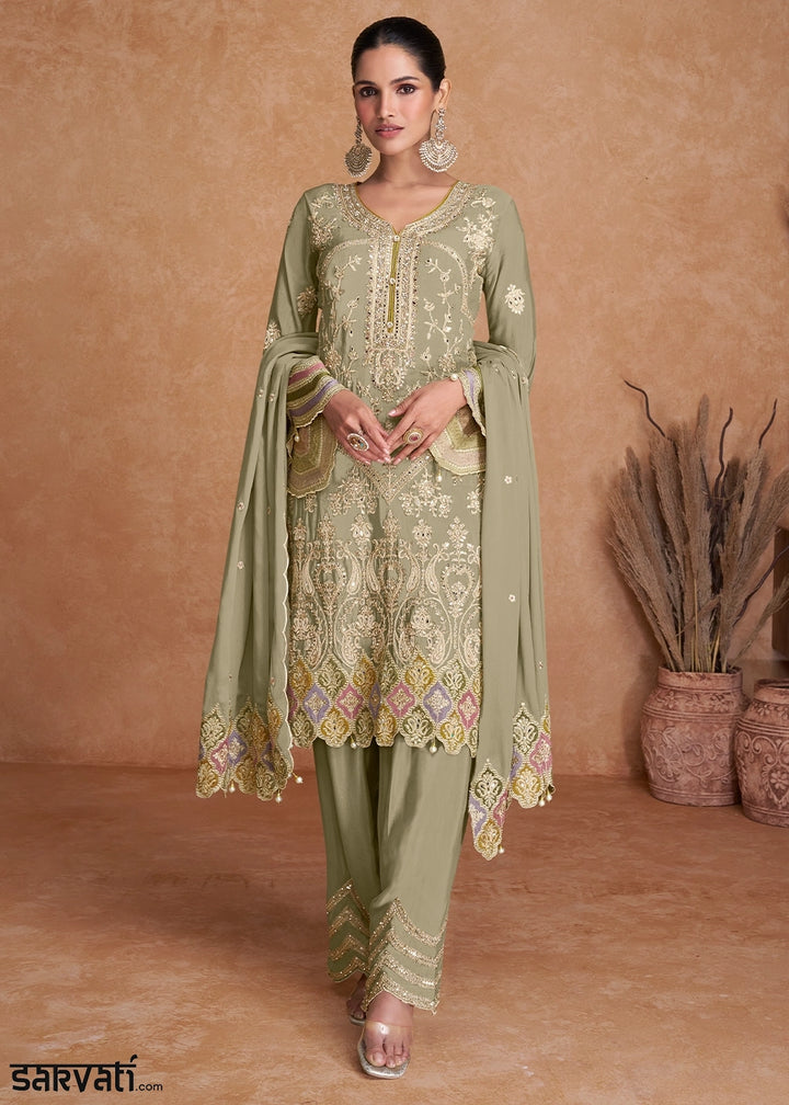 Tea Green Palazzo Suit In Chinon Silk Featuring Detailed Embroidery